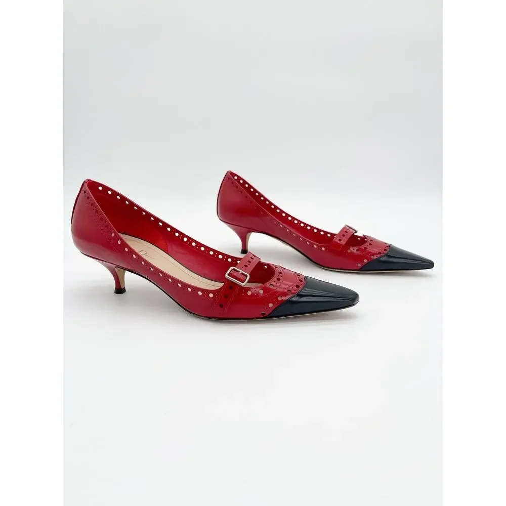 Dior Spectadior Red Black Brushed Calfskin Spectator Kitten Heel Pumps EU 39.5